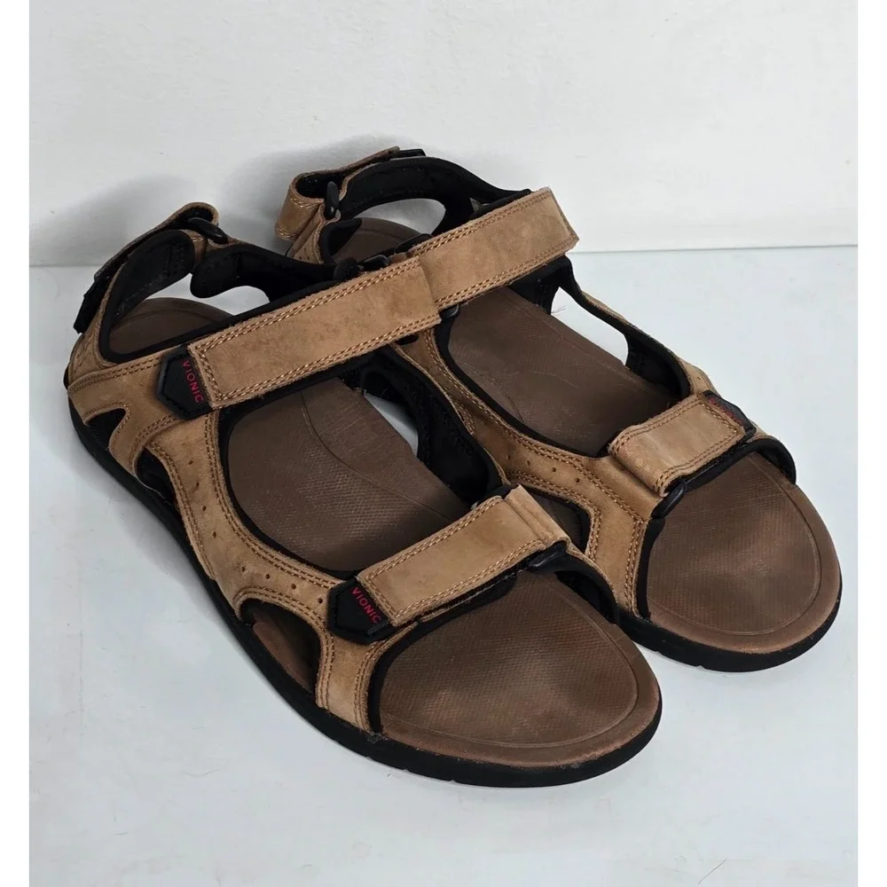 Vionic Neil Mens Size 9 Leather Orthotic Active Sandals Brown ASR1596 Strappy